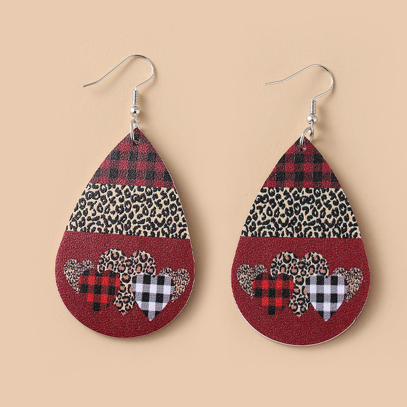 Wholesale Valentine's Day Red Plaid Peach Heart Leopard Leather Drop Earrings