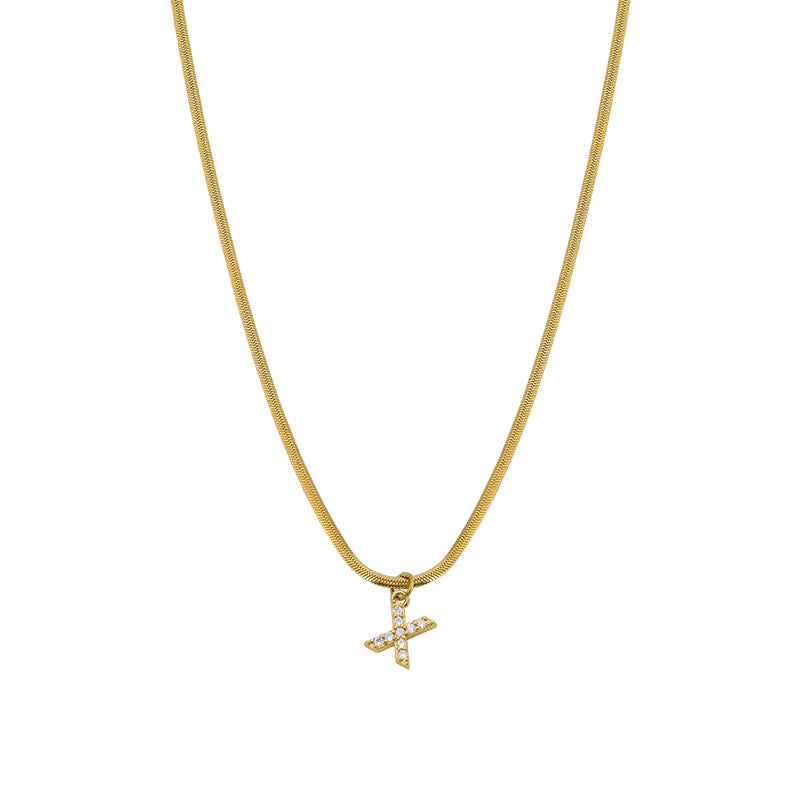 Wholesale French Retro Palace Style Flat Snake Bone Stacking Diamond 26 Letter Titanium Steel Clavicle Chain Necklace