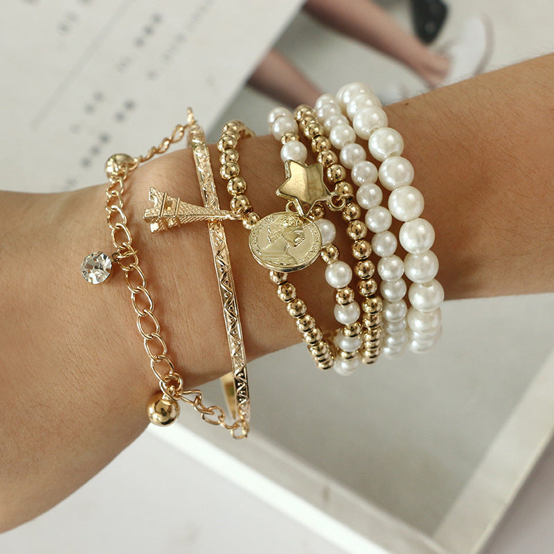 Wholesale Eiffel Tower Pearl Vintage Bracelet Set