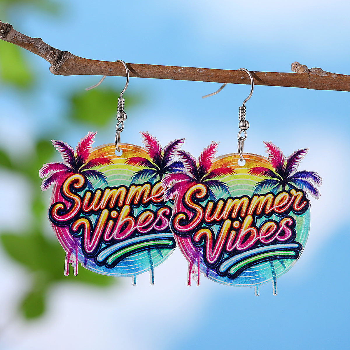 Wholesale New Holiday Style Colorful Tropical Palm Tree Coconut Tree Sun Acrylic Pendant Earrings Beach Earrings