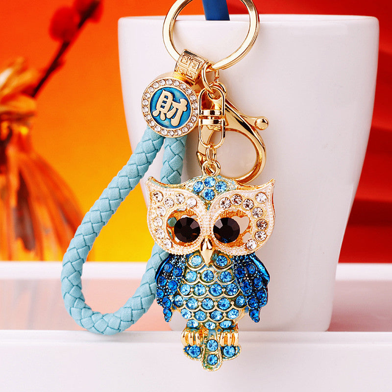 Wholesale Pink Rhinestone Owl Car Keychain Metal Key Ring Bag Charm Fashion Accessory Gift