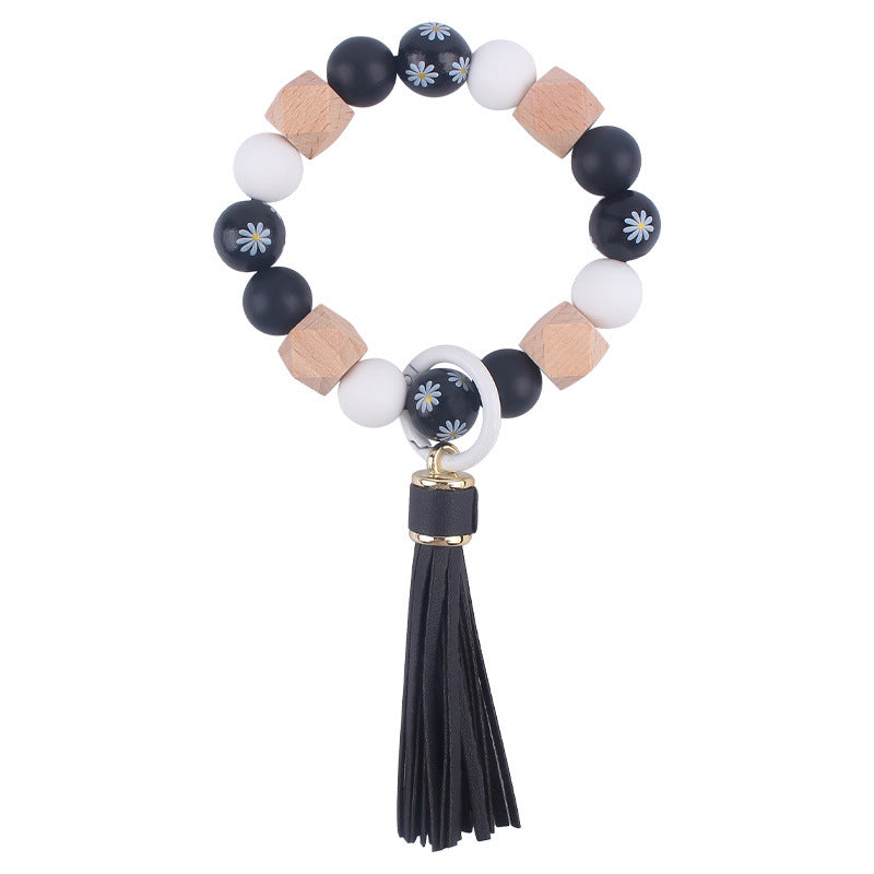 Wholesale Wooden Small Daisy Flower Leather PU Short Tassel Handmade Beaded Bracelet Keychains