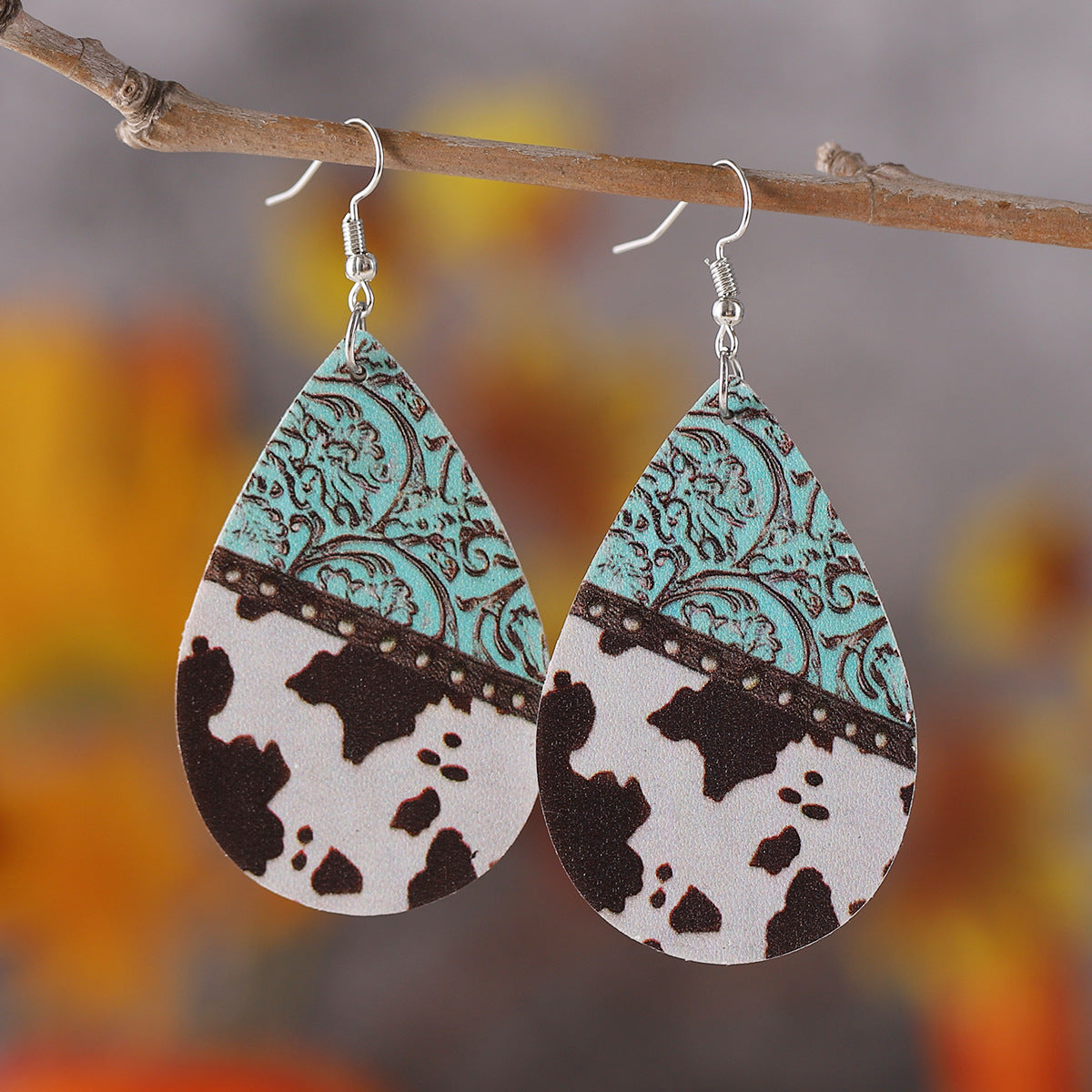 Wholesale Western-style leopard-print turquoise drop leather double-sided earrings