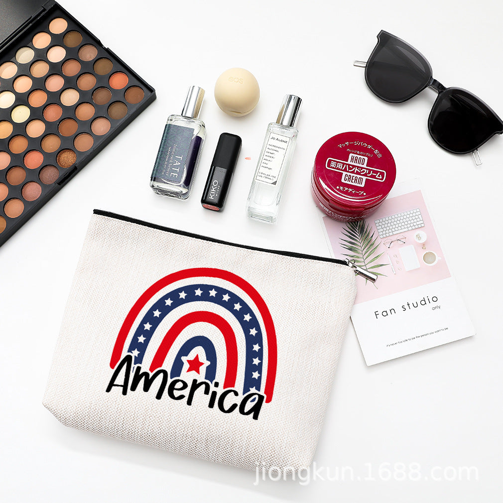 Wholesale Independence Day Waterproof Linen Cosmetic Bag