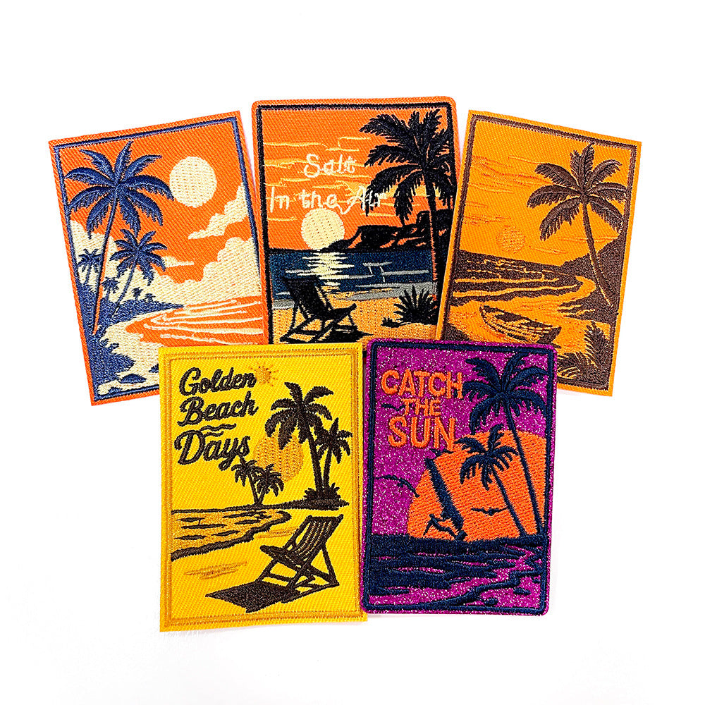Wholesale Trendy Retro Beach Palm Tree Sunset Embroidered Patches For Clothing Bags DIY Craft Supply 5 Pack