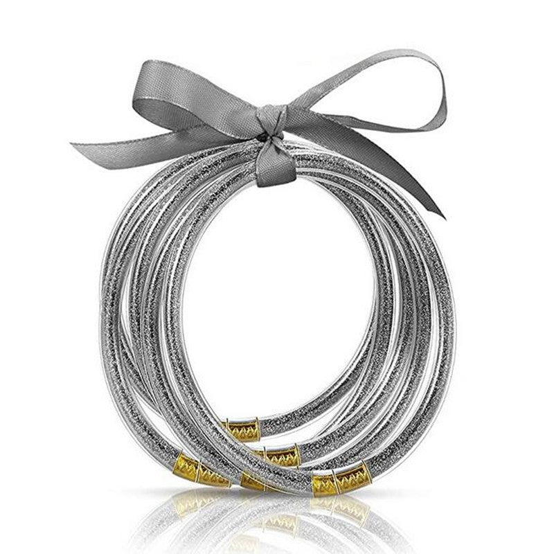 Wholesale Multi-layer silicone rainbow glitter bow bracelet