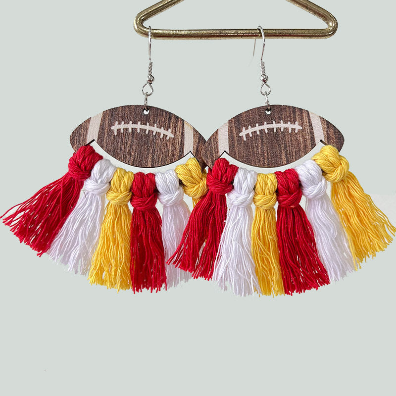 Wholesale 2 Pairs/pack Sports Woven Tassel Rugby Football Cheerleaders Wooden Drop Earrings