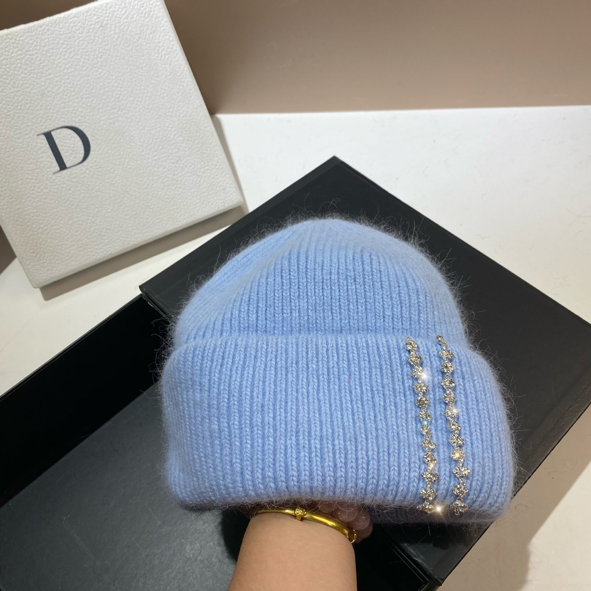 Wholesale Long Rabbit Fur Bi-fold Knitted Rhinestone Beanie