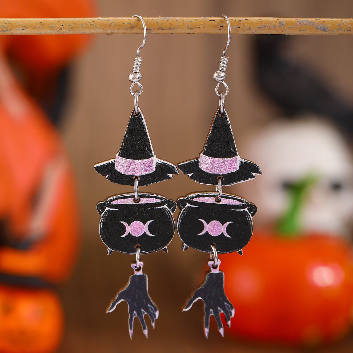 Wholesale Halloween Printed Colorful Pumpkin Skull Ghost Gift Creative Splicing Wooden Earrings