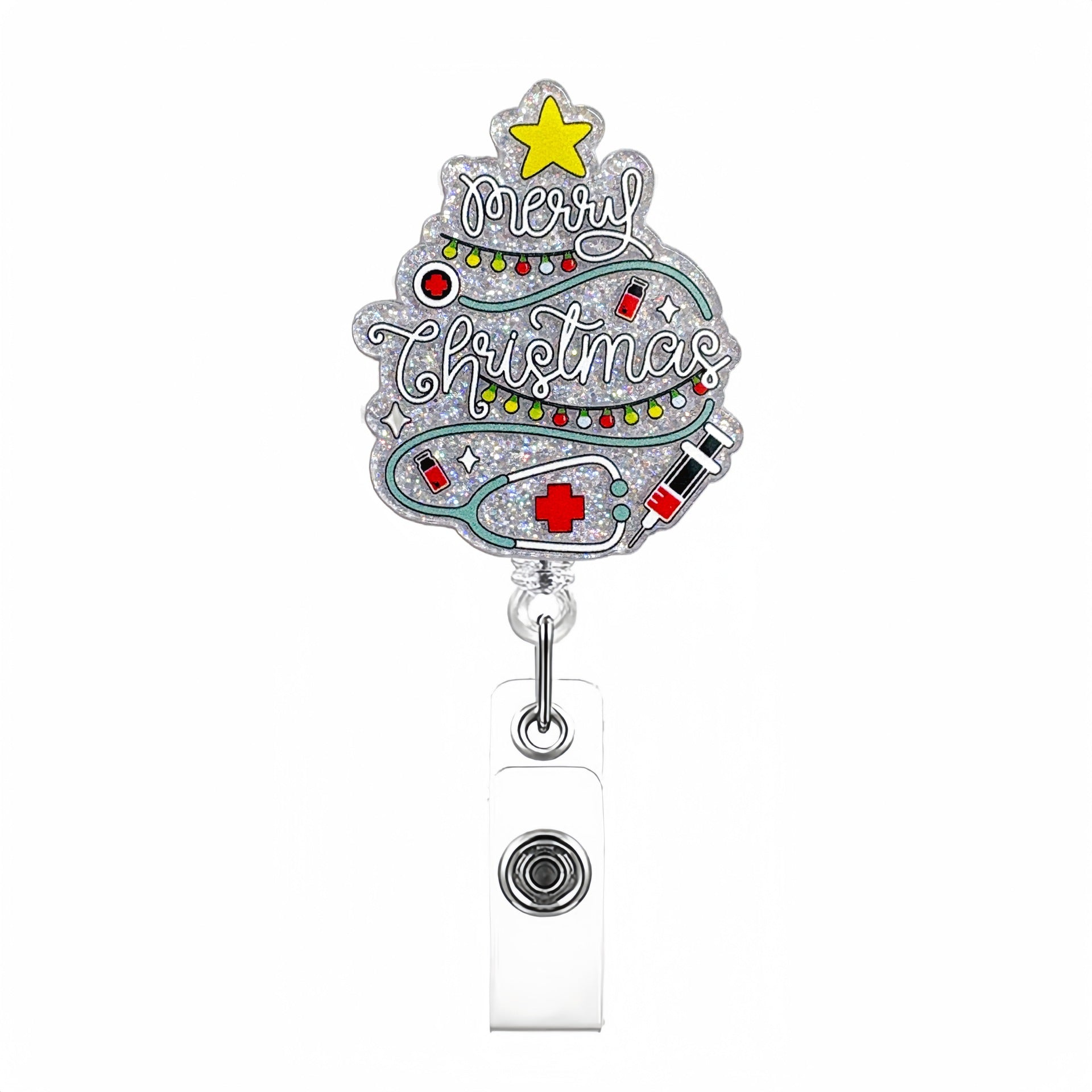 Wholesale Glitter Acrylic Christmas Tree Telescopic Badge Reels Keychain