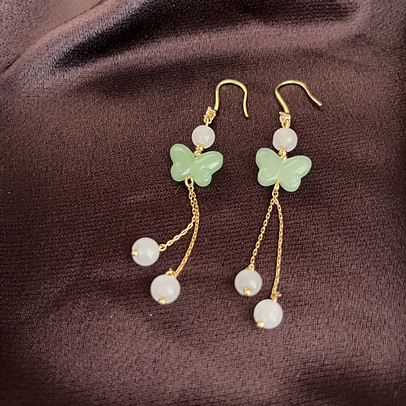 Wholesale New Chinese Style Lotus Fan Butterfly Pearl Tassel Temperament Fashion Niche High-end Earrings