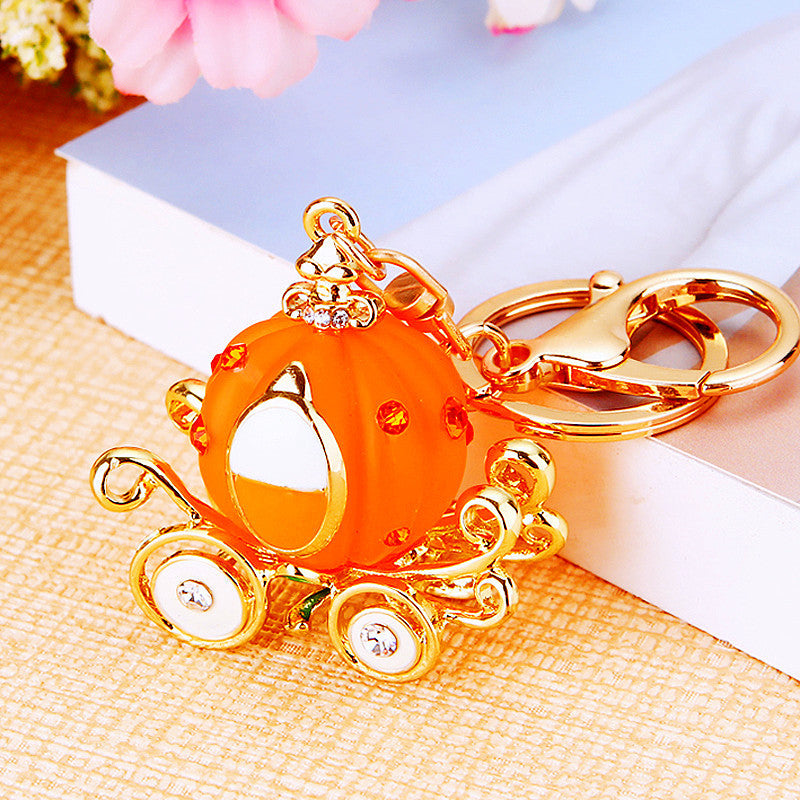 Wholesale Metal Rhinestone Pumpkin Carriage Keychain Bag Charm Pink Car Key Accessory Decorative Gift