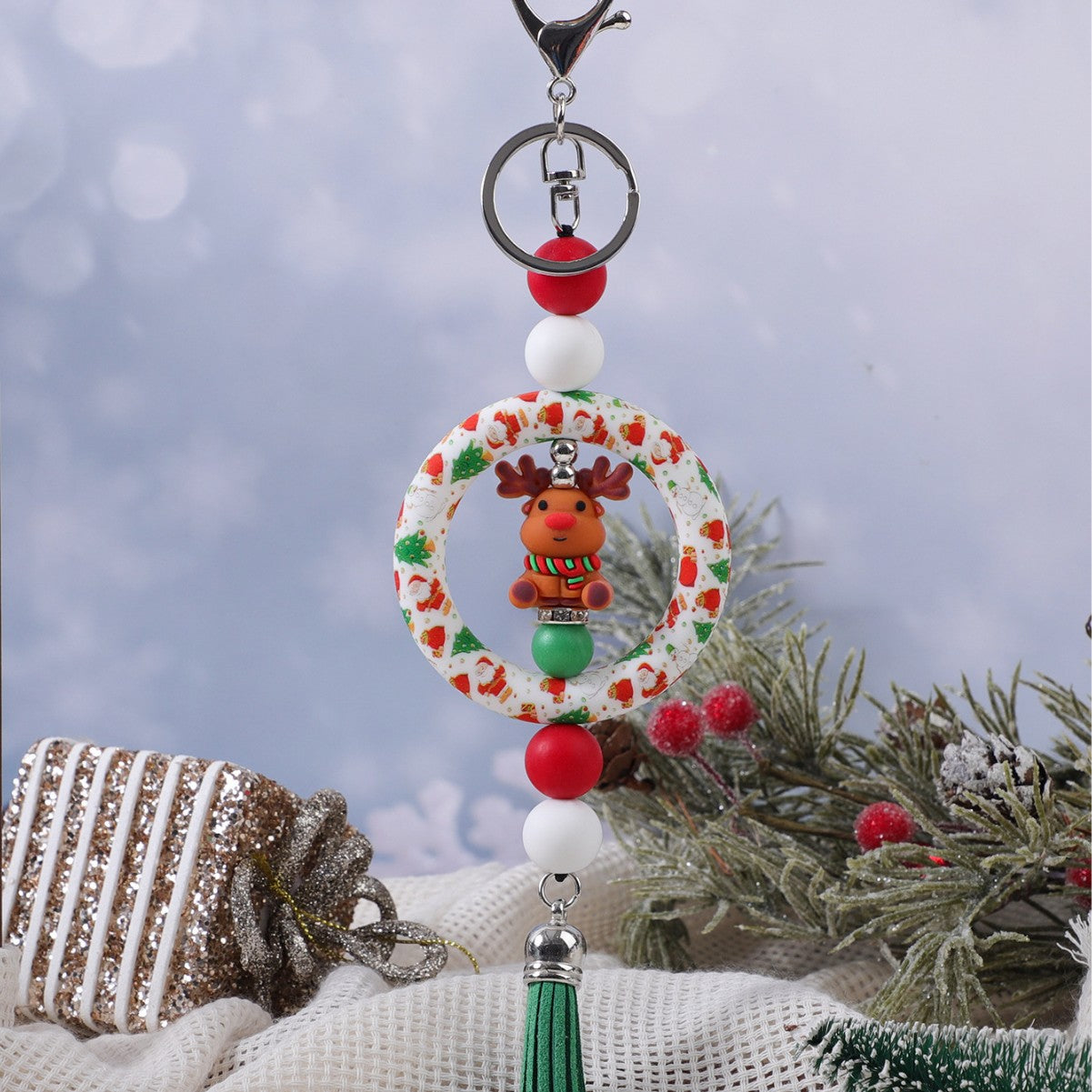 Wholesale Christmas Decoration DIY Beaded Circle Silicone Keychain Bag