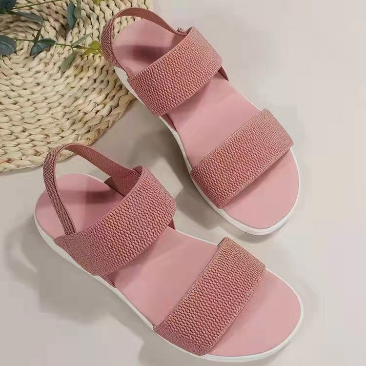 Wholesale Casual Elastic Back Strap Fly Weave Polyurethane Flat Sandals