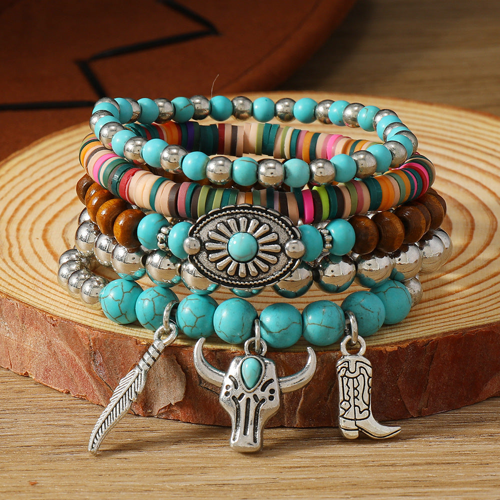 Wholesale Western Turquoise Cattle Head Hat Multi-layer Storestring Bracelet Multi-piece Beaded Bracelet