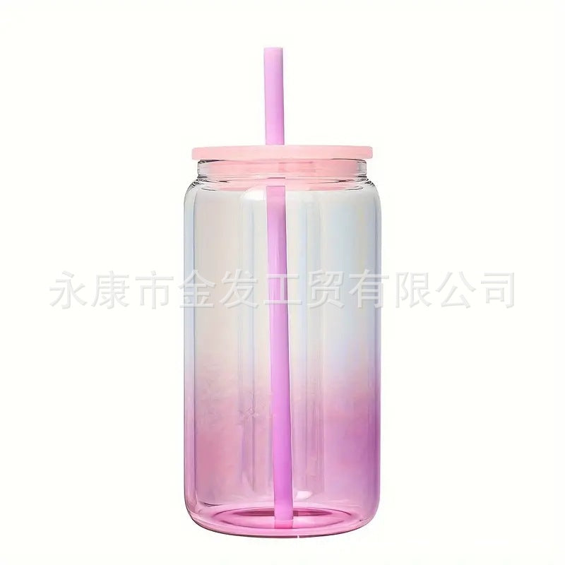Wholesale 16oz Sublimation High Borosilicate Jelly Color Gradient Mason Glass Cup Portable Color PP Cover Glass Slipper Cup