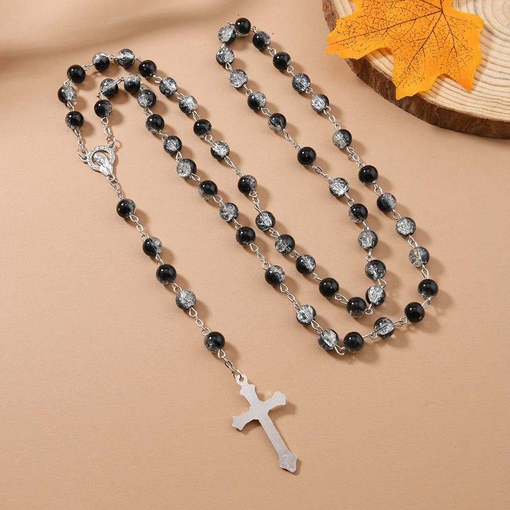 Wholesale 10pcs/pack 8mm floral glass bead cross rosary necklace