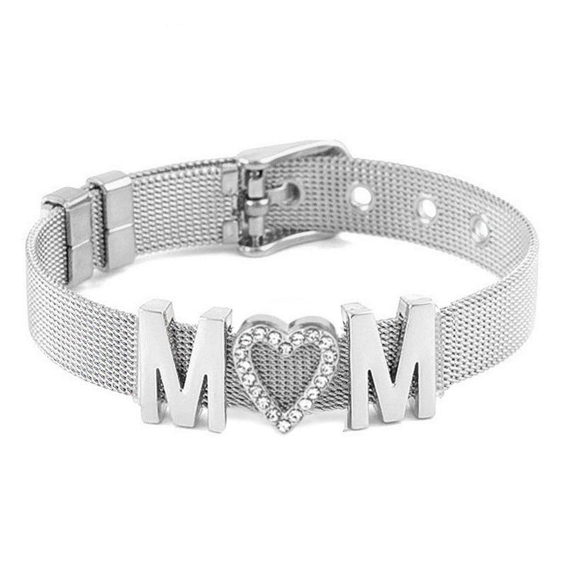Wholesale Stainless Steel Mesh Adjustable Length Strap Style Diamond Love Letter MOM Mother's Day Bracelet