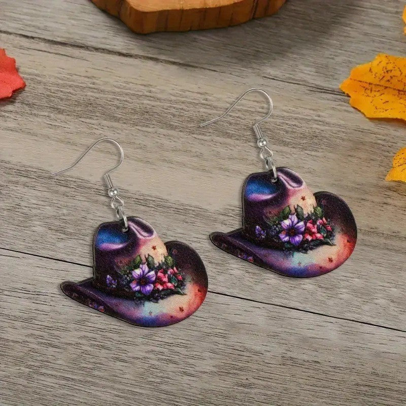 Wholesale Western Cowboy Hat Horseshoe Flower Pendant Earrings Bohemian Acrylic Double Sided Earrings Fashion Party Gift