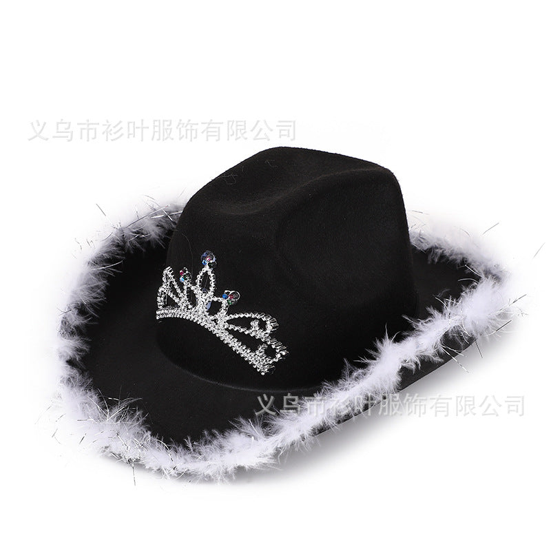 Wholesale Feather-trimmed lettering sequined pink crown cowboy hat