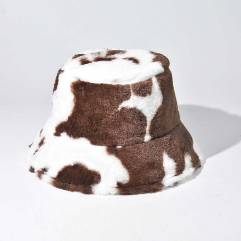 Wholesale Black and White Cow Pattern Plush Bucket Hat