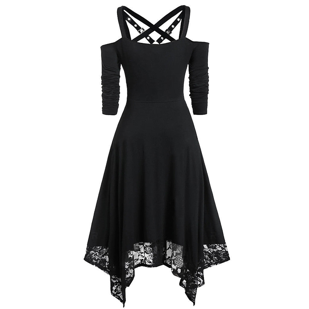Wholesale Halloween Solid Color Lace Mid-sleeve Gothic Polyester Dress