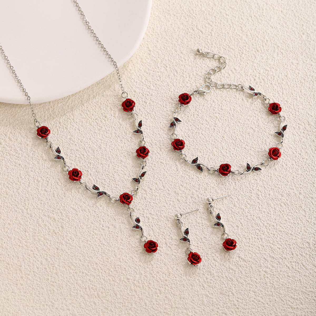 Wholesale Girl Mori Rose Earrings Vintage Romantic Red Flower Necklace suit