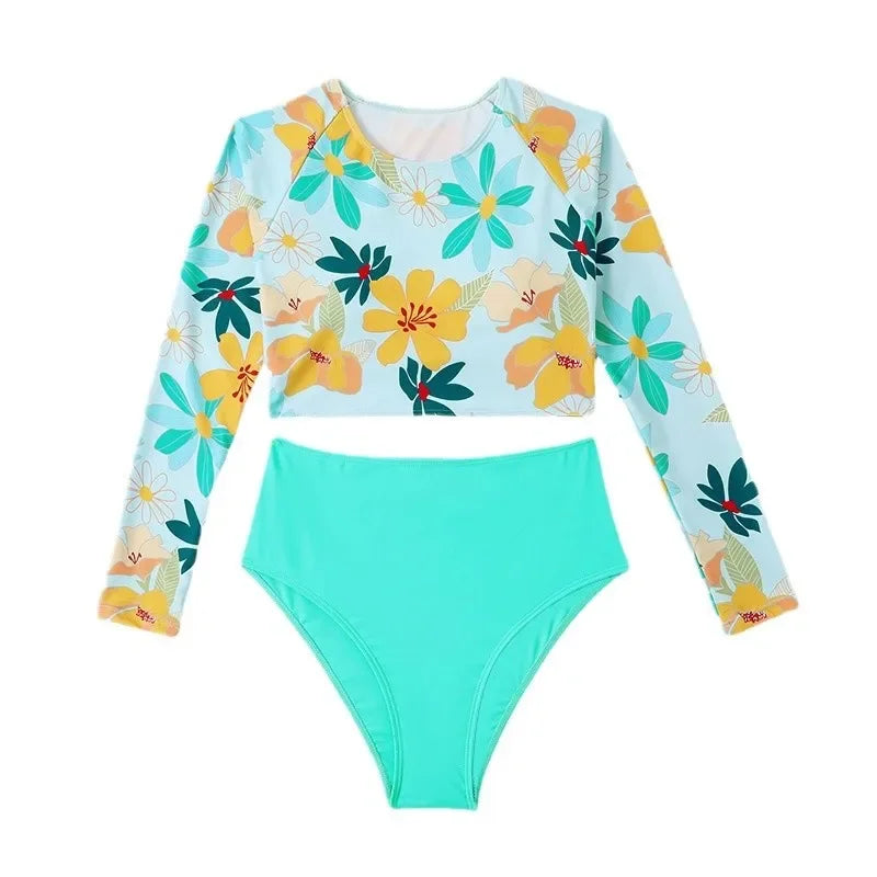 Wholesale Digital Printed High Neck Long Sleeve Two-Piece Swimsuit