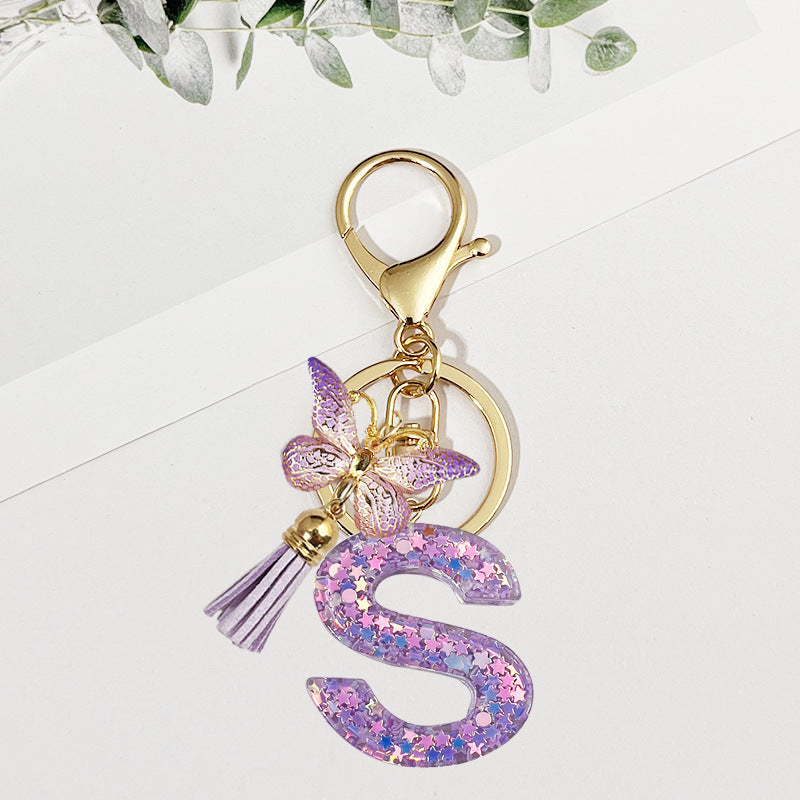 Wholesale Pink sequined butterfly 26 letter Sequin Keychain