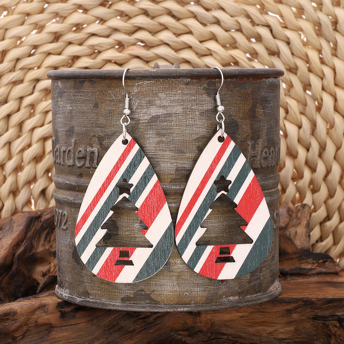 Wholesale Christmas Tree Water Drop Stripe Wooden Earrings