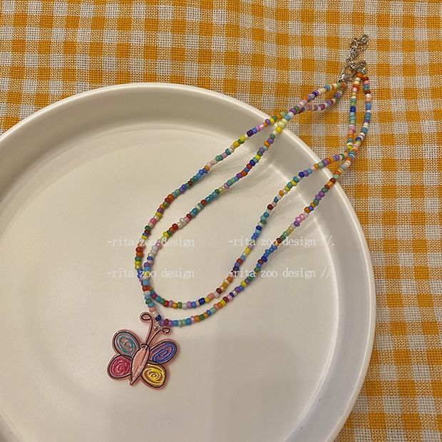 Wholesale Colorful Double Layer Beaded Flower Butterfly Necklaces