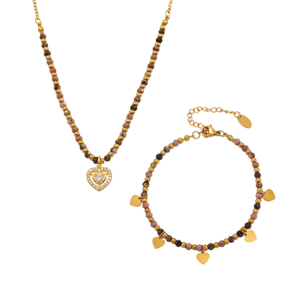 Wholesale Very fine natural stone small gold bead heart clavicle necklace set