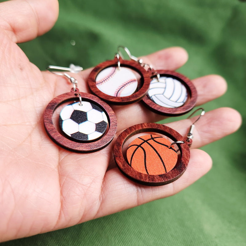 Wholesale Football World Cup Baseball Football Basketball Tennis Volleyball Wooden Ring Earrings