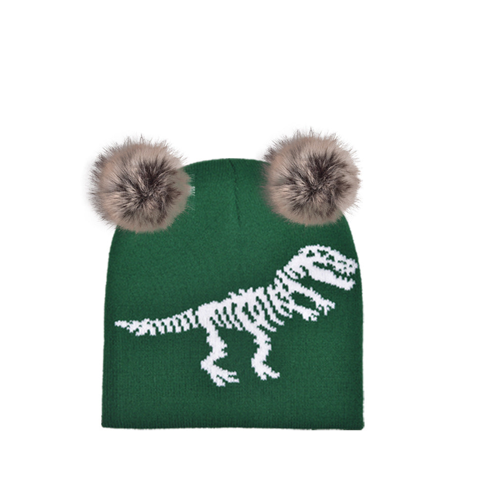 Wholesale Autumn and Winter Knitted Jacquard Dinosaur Double Hairball Beanie