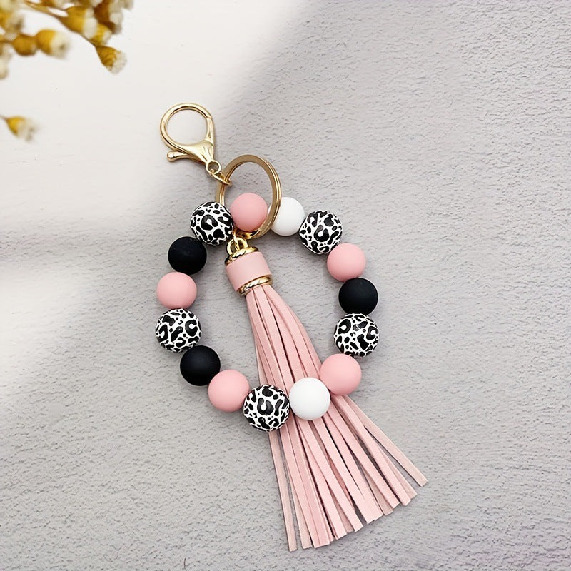 Wholesale 5pcs Leopard Print White Base Wood Beads Wristlet Keychain