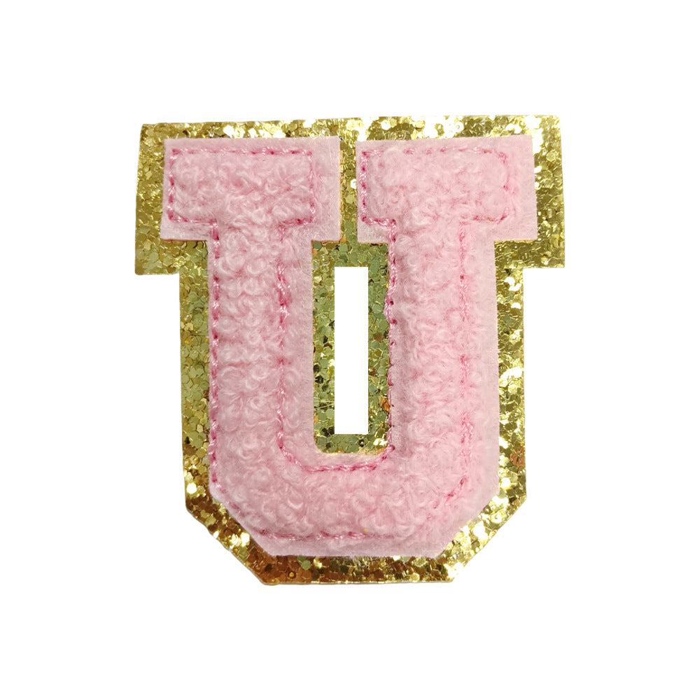 Wholesale Towel Embroidered Self Adhesive Letter Patches A Z Gold Glitter Double Layer Chic DIY Coat Accessory