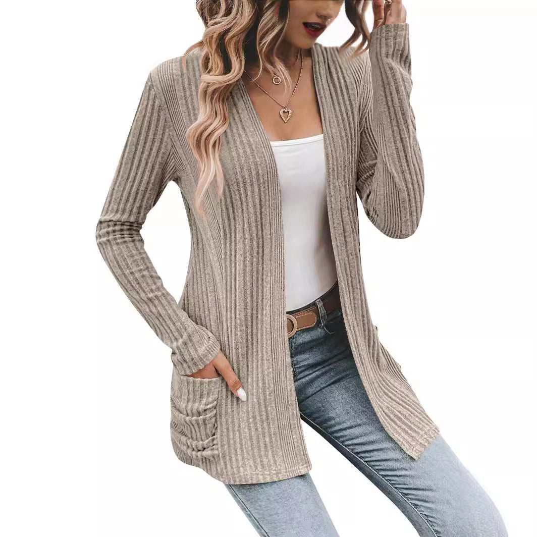 Wholesale Polyester European and American Autumn and Winter New Style Long-sleeved Solid Color Mid-length Knitted Cardigan Pocket Coat Sweater for Women