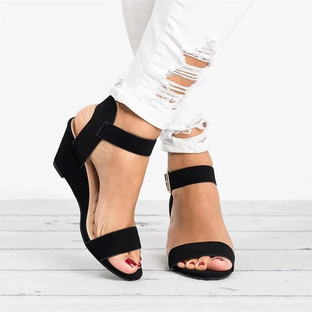 Wholesale Women's Solid Color Fish Mouth Open Toe Slope Heel Rubber Sandals