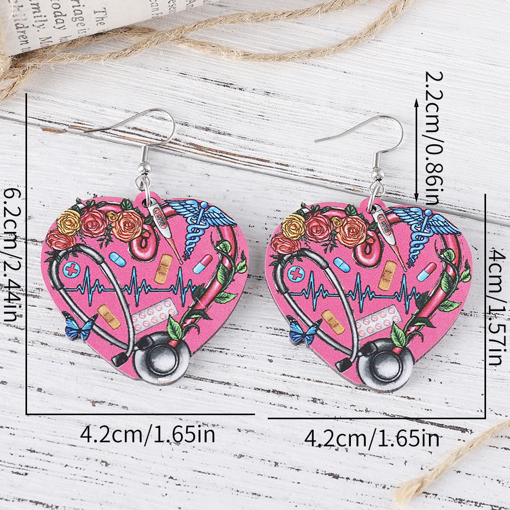 Wholesale Nurse' s Day Stethoscope Flower ECG Heart Pendant Earrings