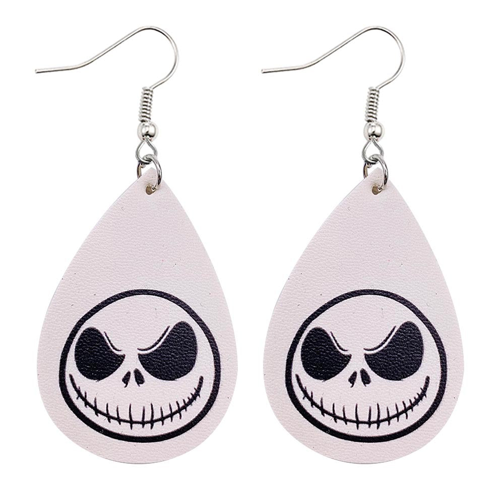 Wholesale Horror Christmas Skull Print Water Droplet Shaped PU Leather Earrings
