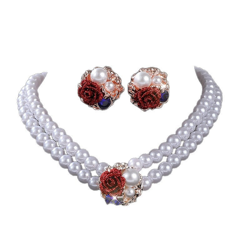 Wholesale Chic Faux Pearl Flower Choker Necklace And Earrings Set For Women Wedding Jewelry Lake Blue