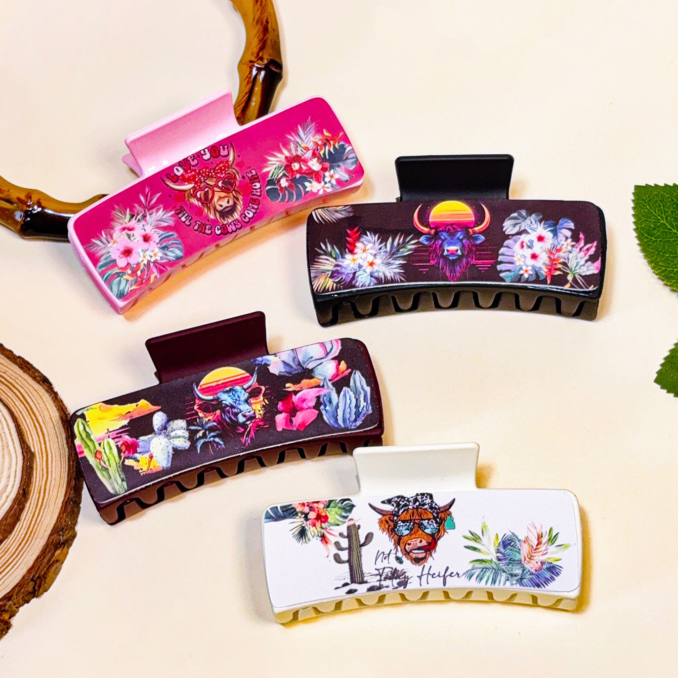 Wholesale  Bohemian Shark Clip with Western Cowboy Cowhead Square Leather Grip