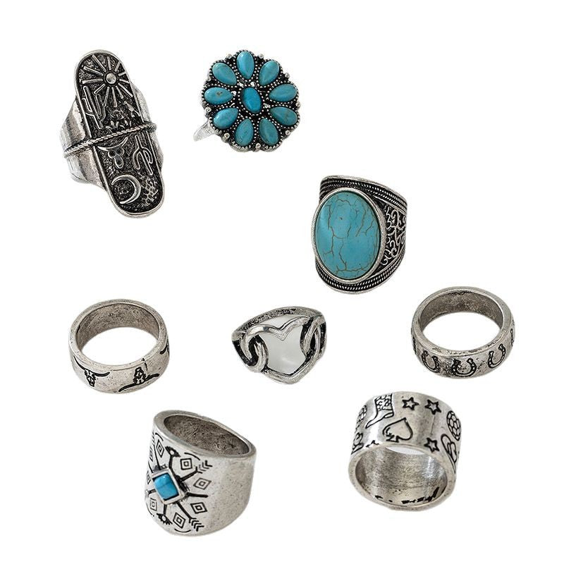 Wholesale Retro exaggerated western style distressed silver turquoise geometric ring set