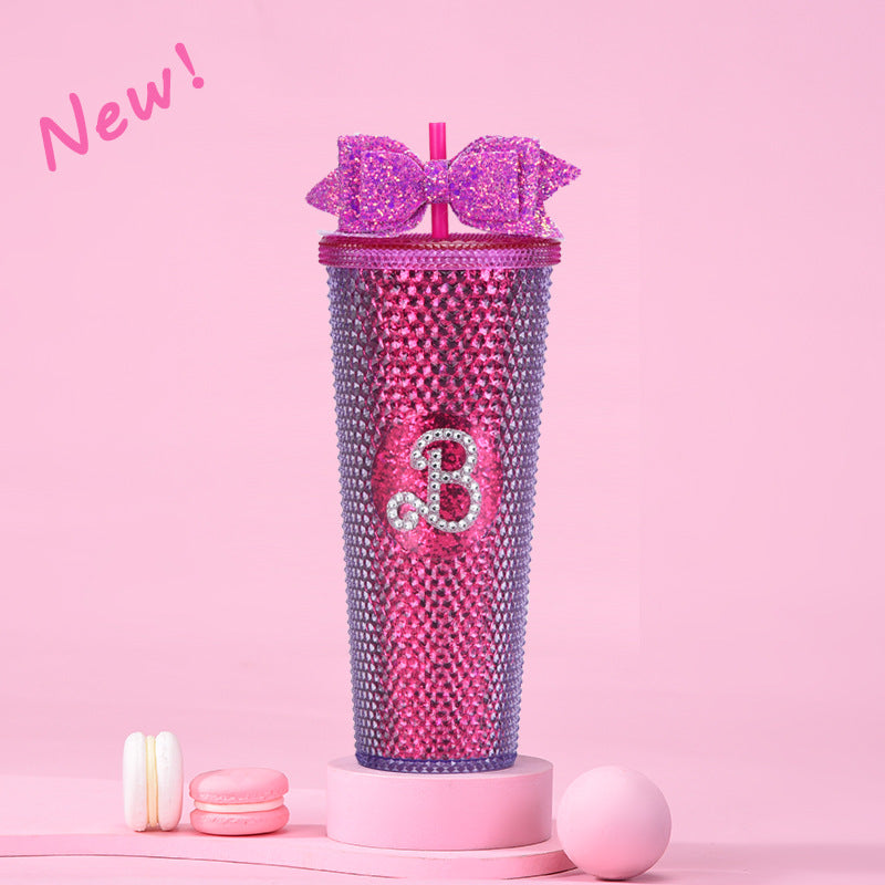 Wholesale Double-layer Plastic 710ml Large Capacity Straw Cup with Glitter Bow Tie Hand Cup Durian Cup