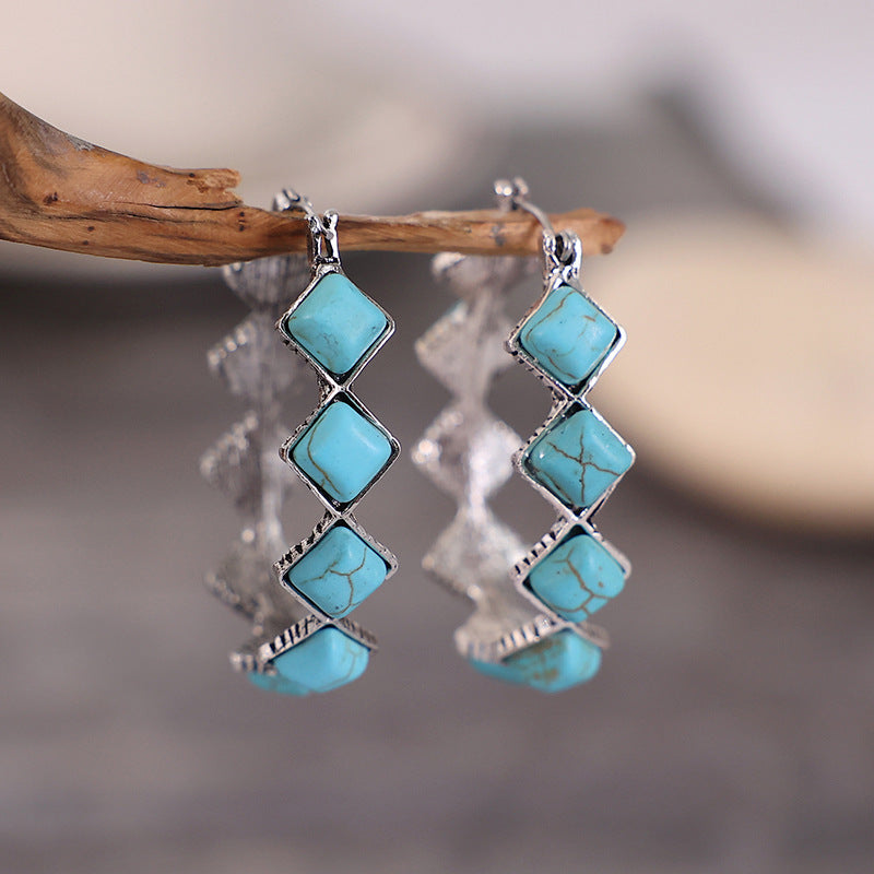 Wholesale Rhombus Turquoise U Shape Alloy Earrings