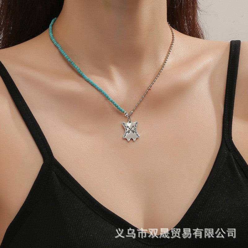 Wholesale Fashion Retro Geometric Letter Pattern Square Turquoise Necklace