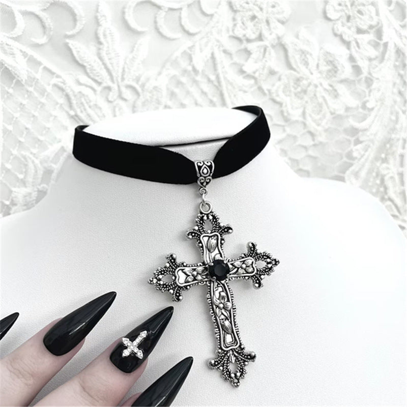 Wholesale Gothic Black Gemstone Cross Velvet Necklace