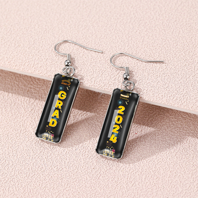 Wholesale graduation season letters school Carnival rectangular pendant glass earrings