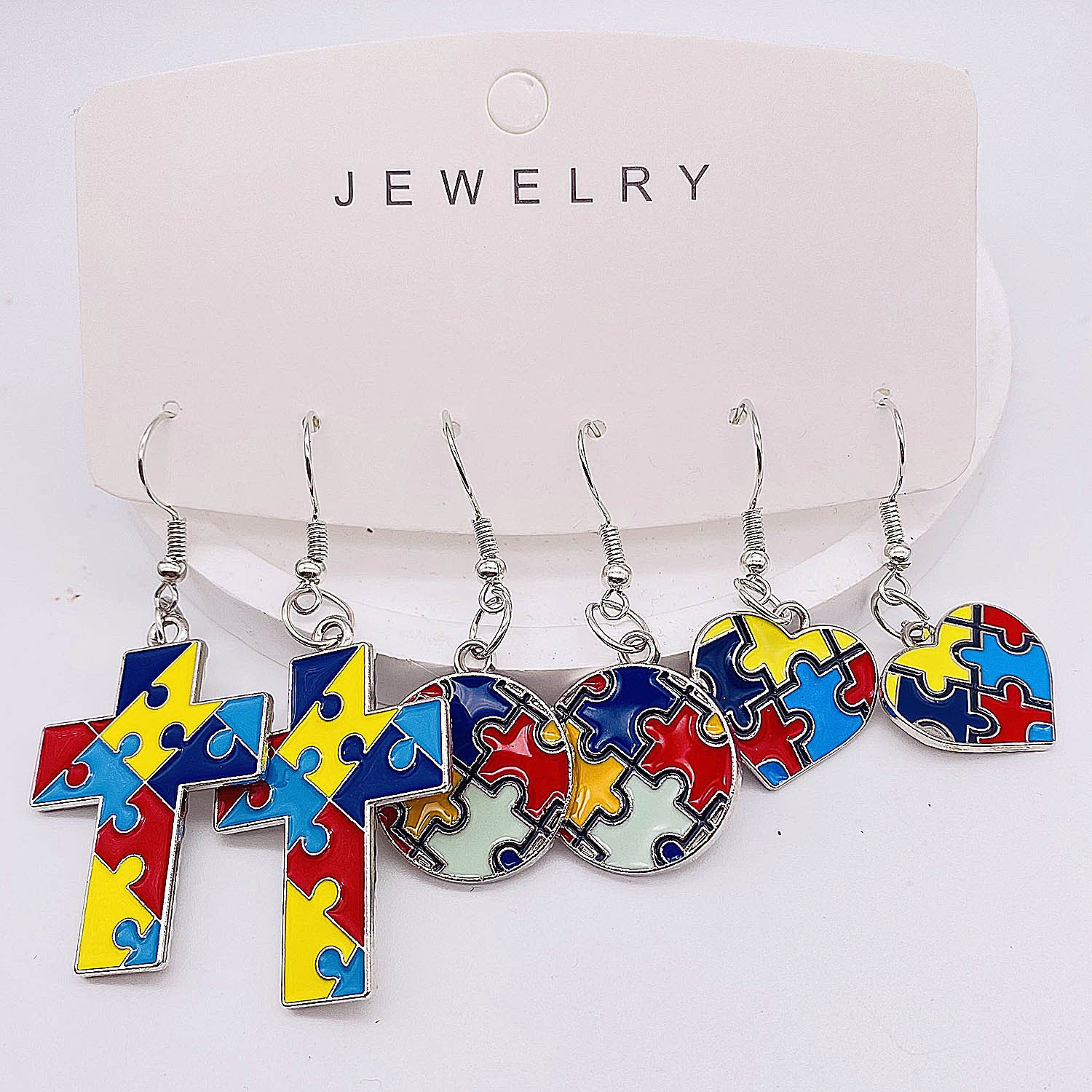 Wholesale Cross Peach Heart Love Puzzle Autism Earring Set