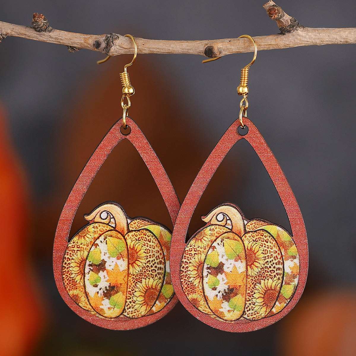 Thanksgiving Leopard Print Pumpkin Wooden Double-Sided Teardrop Earrings